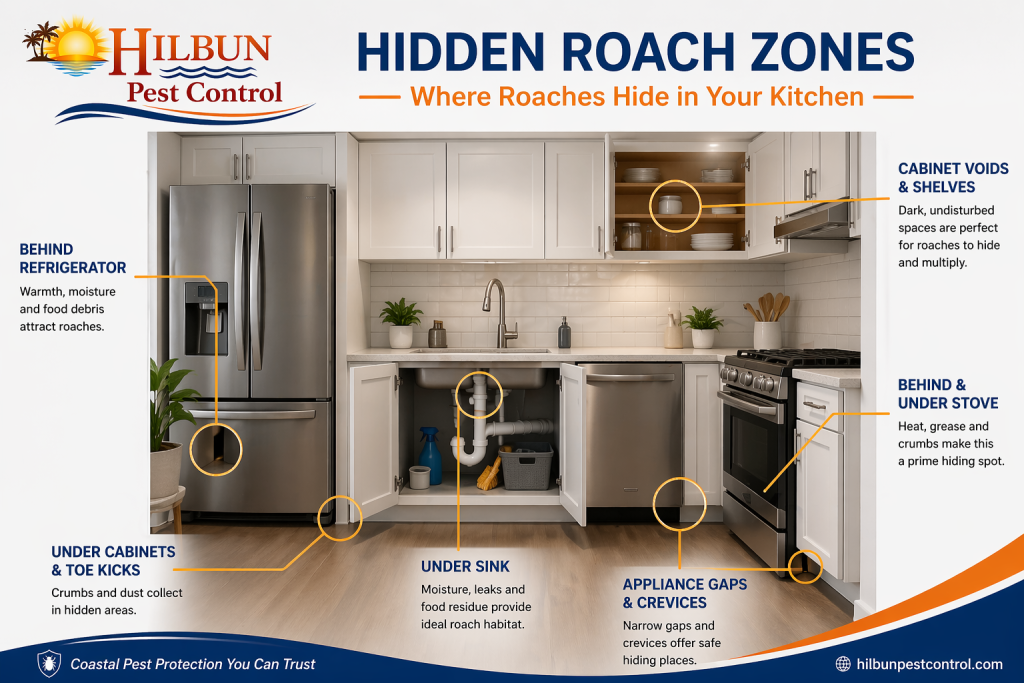 Hidden Cockroach Hiding Spots in Your Kitchen | Hilbun Pest Control Kitchen infographic highlighting common cockroach hiding spots behind refrigerators, under sinks, inside cabinets, under stoves, and around appliance gaps.