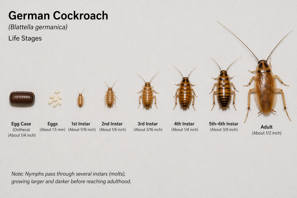 German Cockroach Life Cycle | From Egg Case to Adult Diagram showing the German cockroach life cycle from egg case and eggs through multiple nymph stages to the adult cockroach.