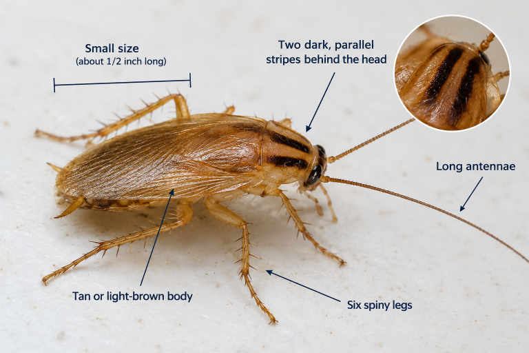 German cockroach graphic highlighting its tan-brown body, two dark stripes behind the head, long antennae,six spiny legs