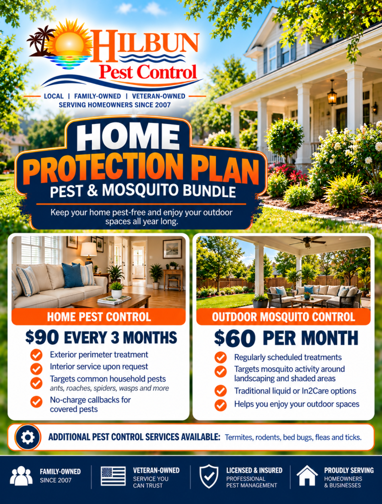 Hilbun Pest Control Home Protection Plan featuring residential pest control for $90 every three months and outdoor mosquito control for $60 