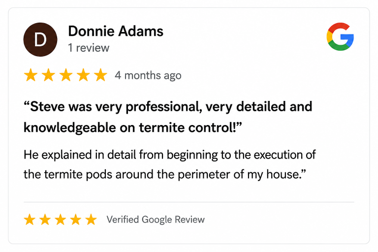 Donnie Adams Termite Control Review Five-star Google review praising Hilbun Pest Control for professional, detailed, and knowledgeable termite control service.