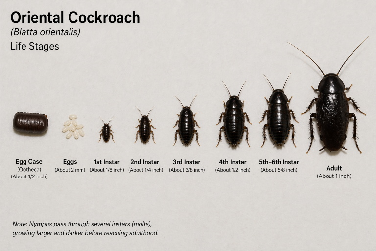 Labeled Oriental cockroach life stages showing egg case, eggs, multiple nymph instars, and adult for accurate pest identification