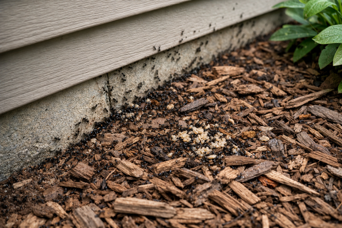 Ant Activity Along Foundation and Mulch Bed Close-up of ants nesting in mulch along a home’s foundation with visible colony activity and larvae near an exterior wall