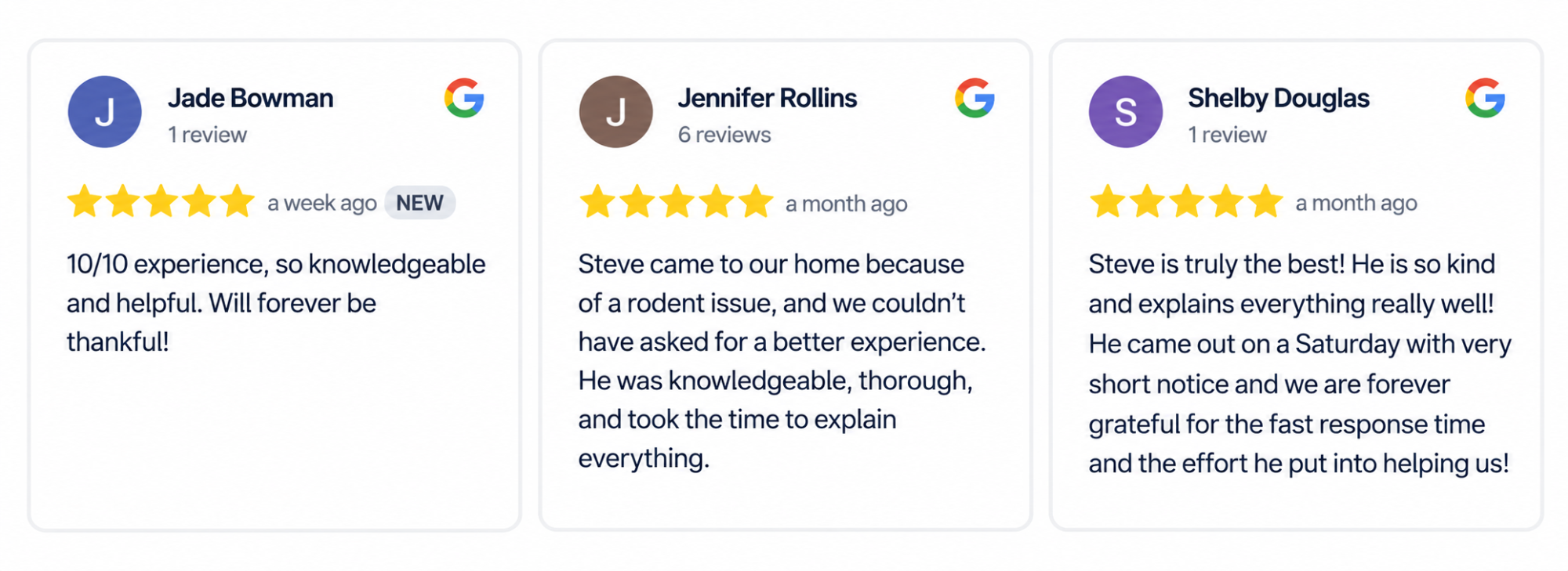 5-star Google reviews for Hilbun Pest Control from Jade Bowman, Jennifer Rollins, and Shelby Douglas, highlighting knowledgeable service