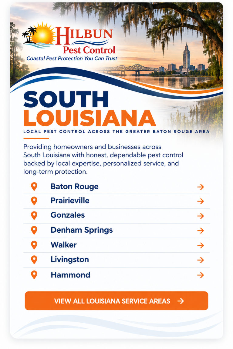 Premium service area card highlighting South Louisiana cities served by Hilbun Pest Control around Baton Rouge