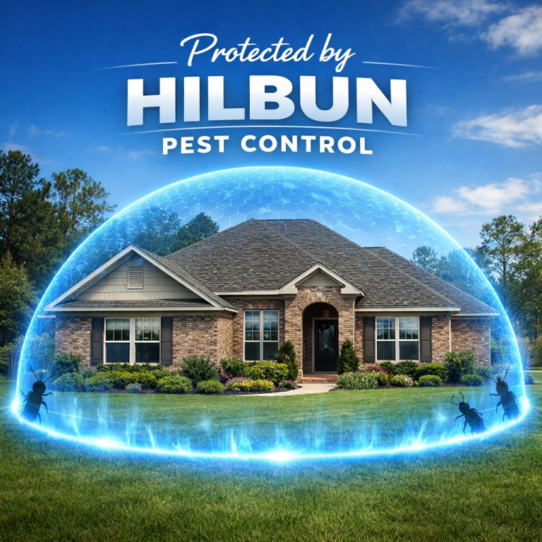 Home in Fairhope Alabama protected by termite barrier system with glowing shield representing ongoing termite protection