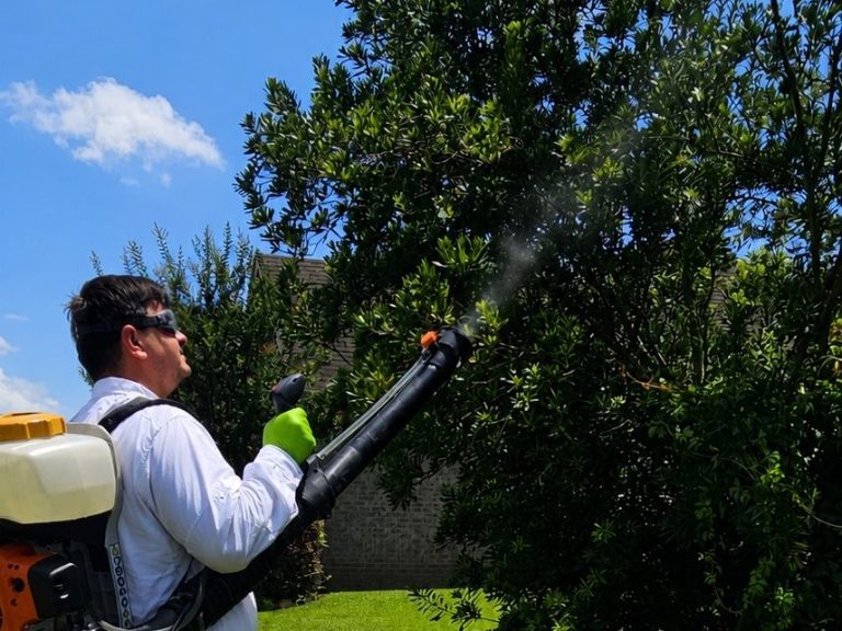 Professional Mosquito Treatment Service | Hilbun Pest Control Hilbun Pest Control technician applying mosquito treatment with a backpack fogger around residential shrubs.