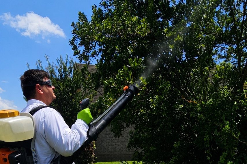 Mosquito Treatment in Daphne, Alabama | Hilbun Pest Control Hilbun Pest Control technician using a backpack fogger to treat a crepe myrtle tree for mosquitoes in Daphne, Alabama.
