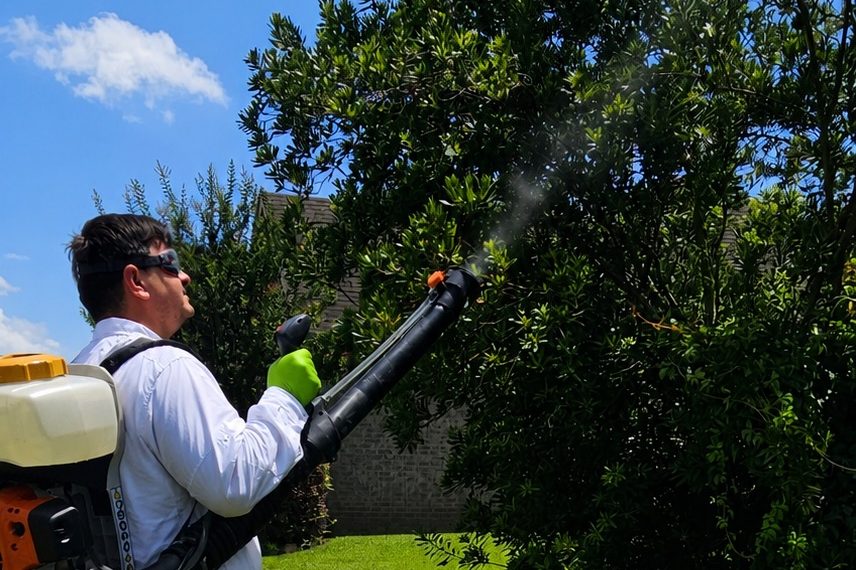 Mosquito Control Services in Fairhope, Alabama | Hilbun Pest Control Hilbun Pest Control technician applying a mosquito treatment to landscape shrubs with a backpack fogger in Fairhope, Alabama.