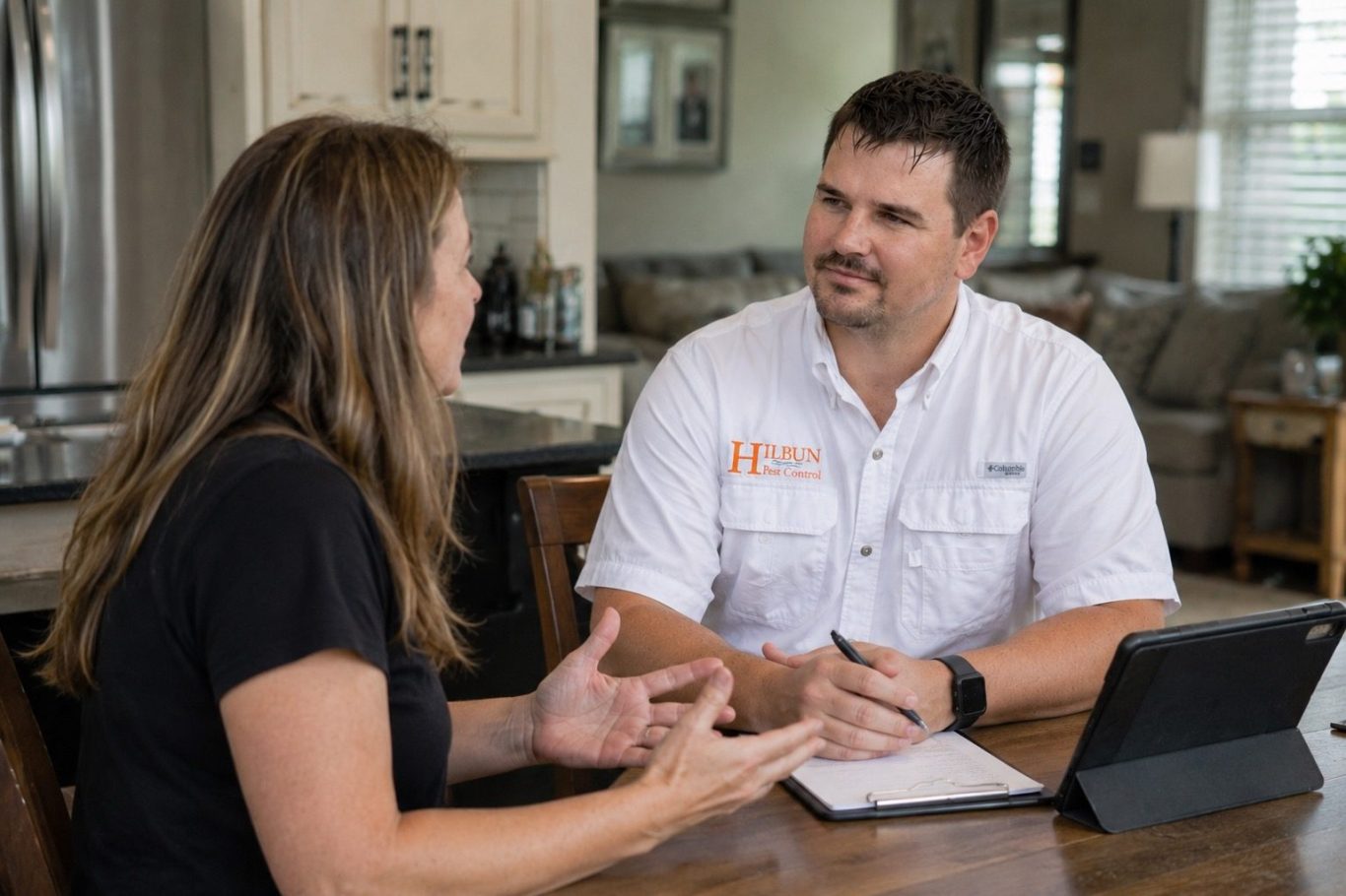 Hilbun Pest Control technician meeting with a homeowner at her kitchen table, listening to concerns and discussing a pest control inspection in Daphne, Alabama. Hilbun Pest Control technician meeting with a homeowner at her kitchen table, listening to concerns and discussing a pest control inspection