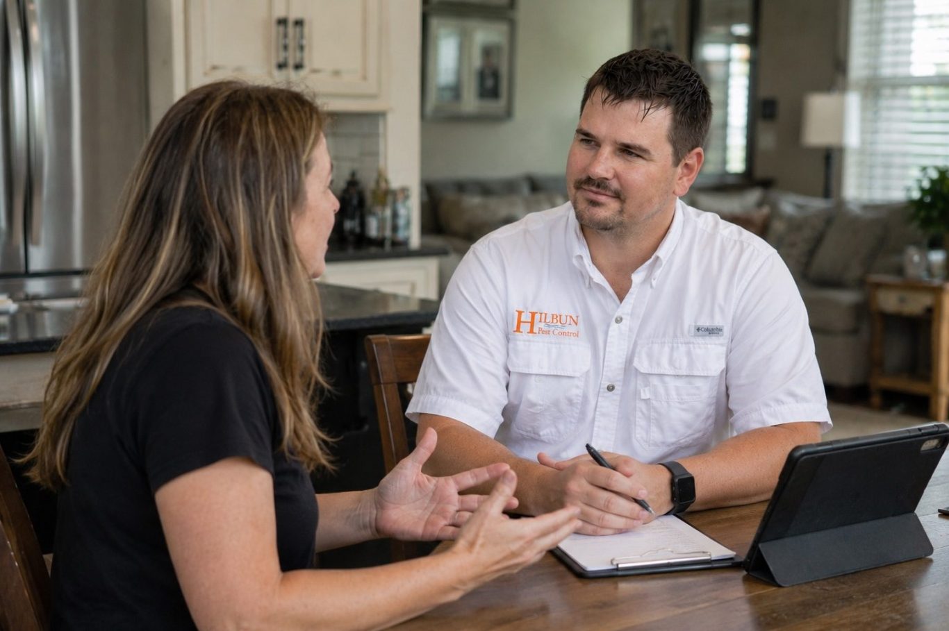 Customized Termite Protection Consultation Hilbun Pest Control explaining liquid termite treatments and bait system options to a homeowner in Daphne, Alabama.