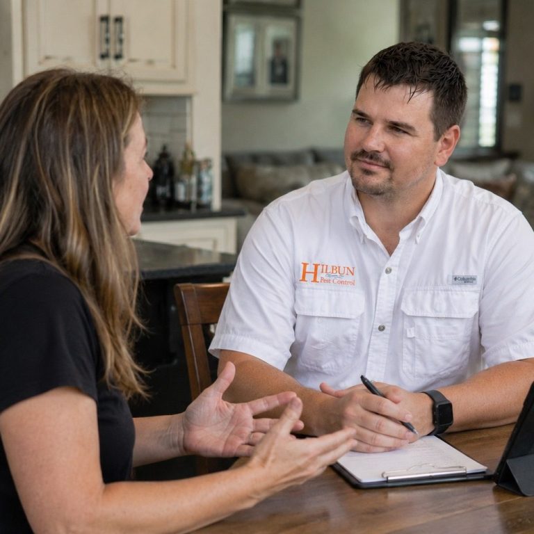 Personalized Pest Control Consultations in Fairhope, Alabama | Hilbun Pest Control Hilbun Pest Control technician listening to a homeowner's concerns during an in-home pest control consultation in Fairhope, Alabama.