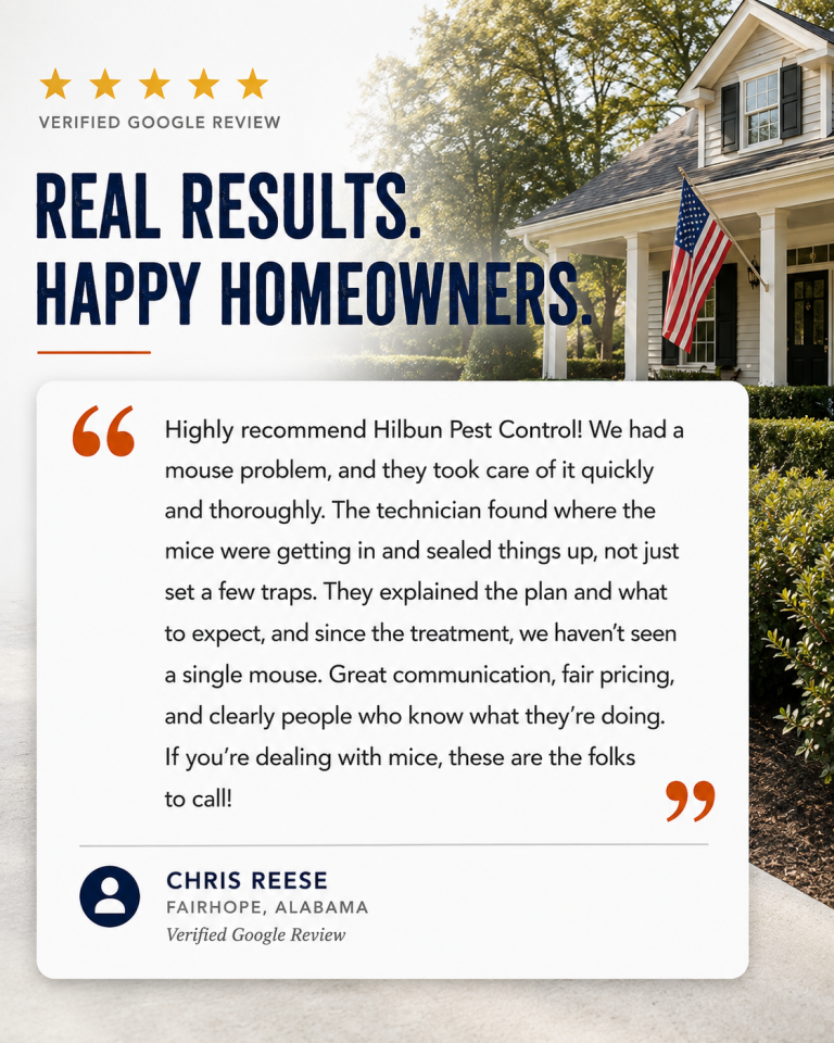 Chris Reese Rodent Control Review | Hilbun Pest Control Five-star Google review from Fairhope homeowner Chris Reese about Hilbun Pest Control solving a mouse problem through rodent control