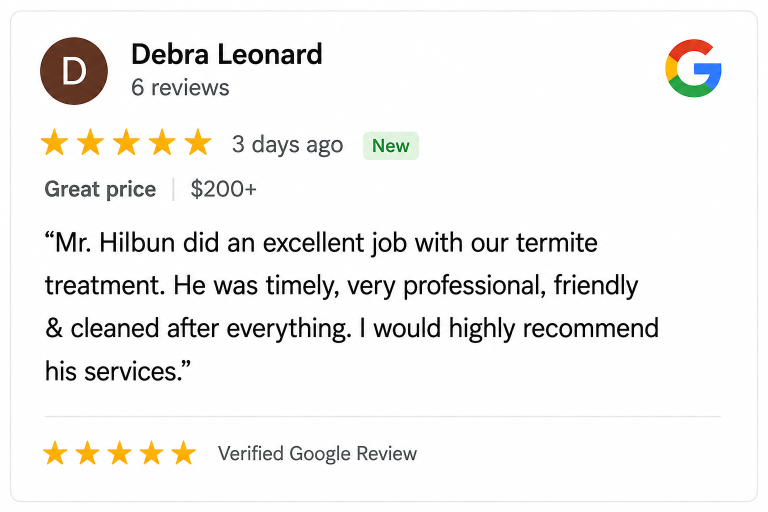 Debra Leonard Termite Treatment Review Five-star Google review recommending Hilbun Pest Control for professional, timely, and friendly termite treatment service.