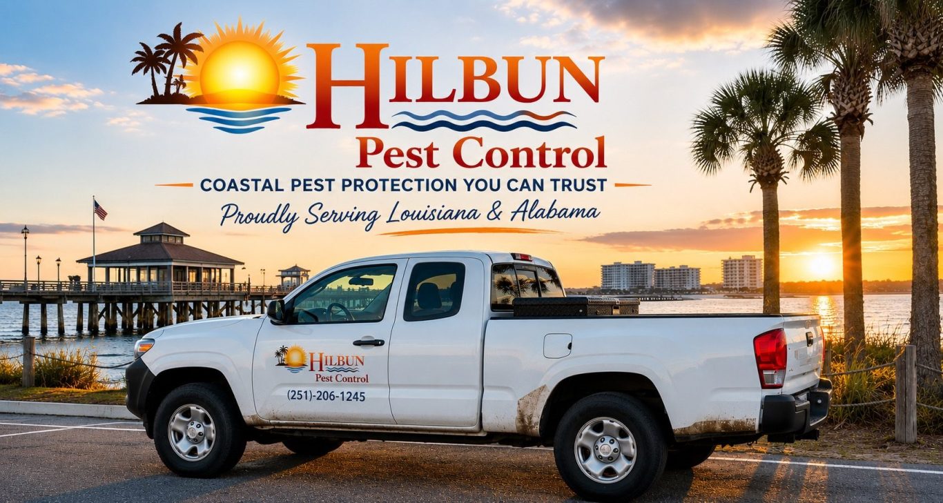 Hilbun Pest Control Proudly Serving Louisiana and Alabama Hilbun Pest Control truck parked on the Gulf Coast at sunset, proudly serving Louisiana and Alabama pest control customers.