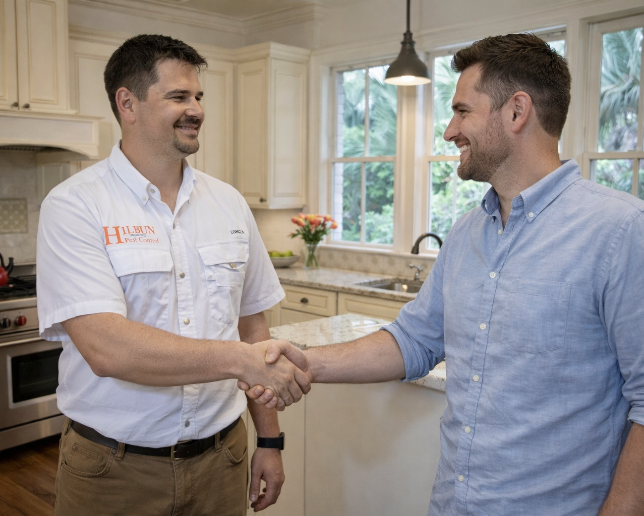 Hilbun Pest Control owner meeting with a homeowner during a pest control consultation in Daphne, Alabama.