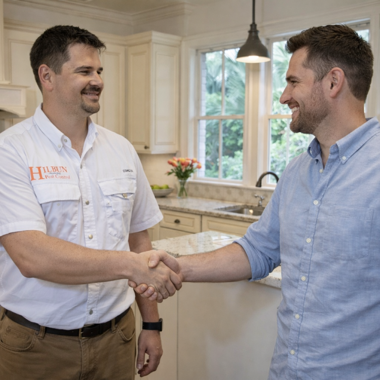 Pest control technician shaking hands with homeowner in a clean kitchen after completing ant control service