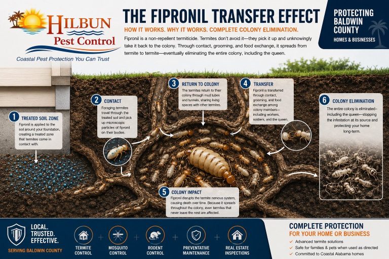 How the Fipronil Transfer Effect Eliminates Termite Colonies Diagram showing how termites transfer fipronil through a colony, leading to complete colony elimination.
