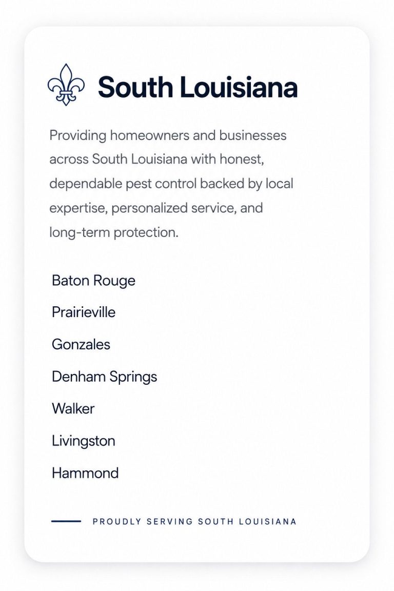 South Louisiana Service Area | Hilbun Pest Control Premium service area card highlighting South Louisiana cities served by Hilbun Pest Control around Baton Rouge