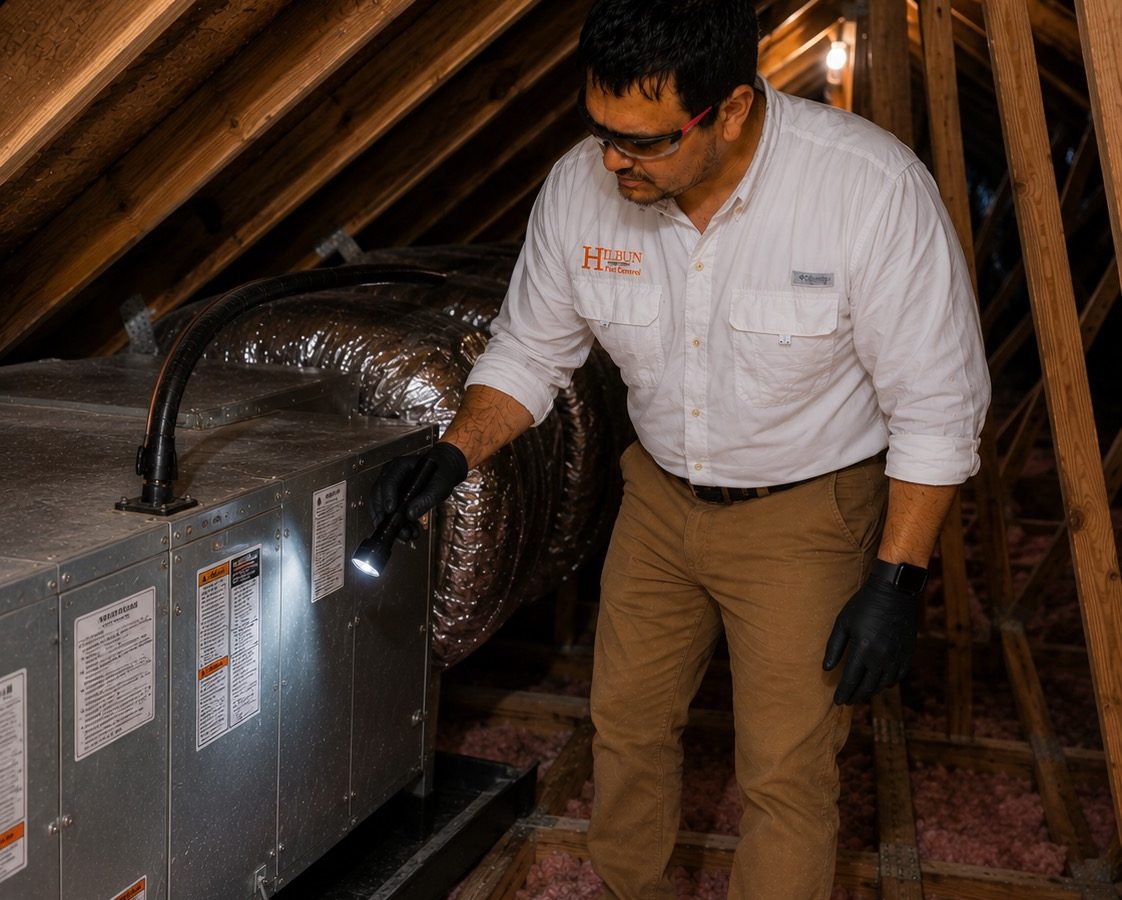 Hilbun Pest Control technician inspecting an attic for signs of rodent activity and potential entry points.