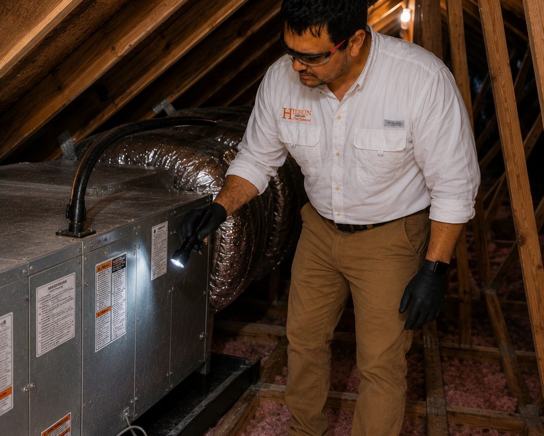 Professional Rodent Inspection in Daphne, AL Hilbun Pest Control inspecting an attic for signs of rodent activity during a rodent inspection in Daphne, Alabama.
