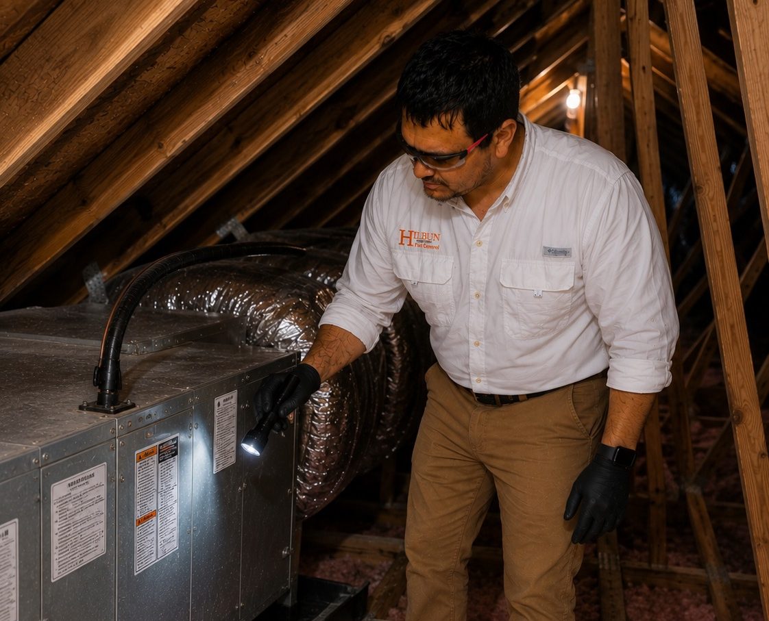 Professional Attic Rodent Inspection | Hilbun Pest Control Hilbun Pest Control technician inspecting an attic for signs of rodent activity near an HVAC system in Bay Minette, Alabama.