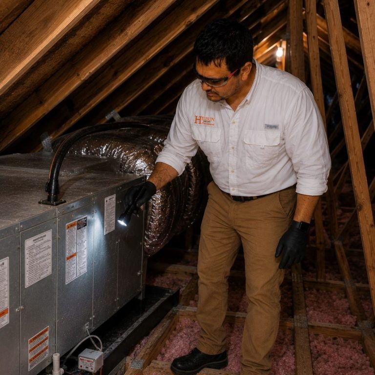 Hilbun Pest Control technician inspecting an attic for signs of termite activity and damage.