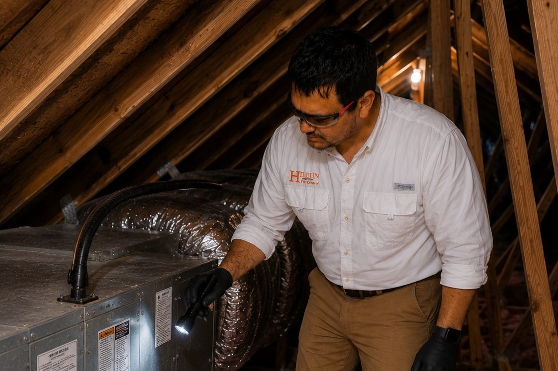 Attic Rodent Inspection in Daphne, Alabama | Hilbun Pest Control Hilbun Pest Control technician performing an attic inspection for signs of rodent activity in Daphne, Alabama.
