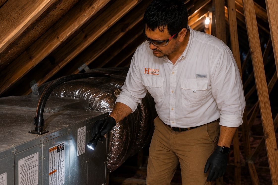 Rodent Inspection Services in Fairhope, Alabama | Hilbun Pest Control Hilbun Pest Control technician inspecting an attic for signs of rodent activity and potential entry points in Fairhope, Alabama.