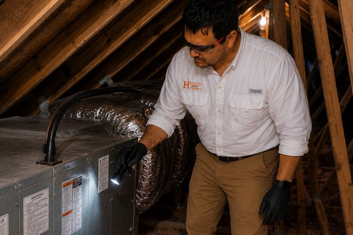 Professional Pest Inspection in Fairhope, Alabama | Hilbun Pest Control Hilbun Pest Control technician performing a detailed attic inspection for signs of pest and rodent activity in Fairhope, Alabama.