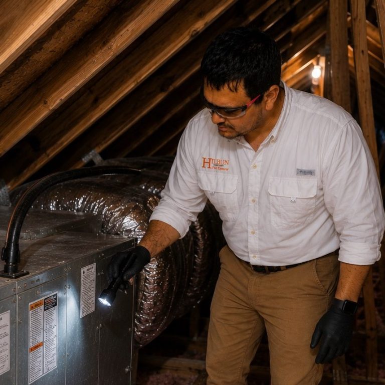 Hilbun Pest Control technician inspecting around an attic evaporator for signs of rodent activity.