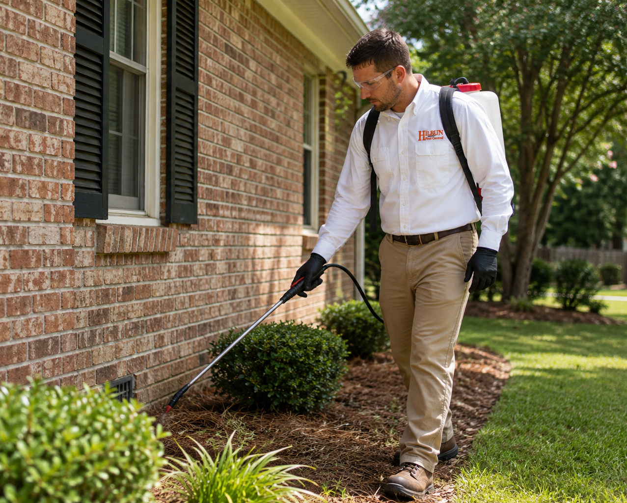 Residential Pest Control in Baton Rouge, Louisiana Hilbun Pest Control technician applying an exterior pest control treatment around a Baton Rouge home.