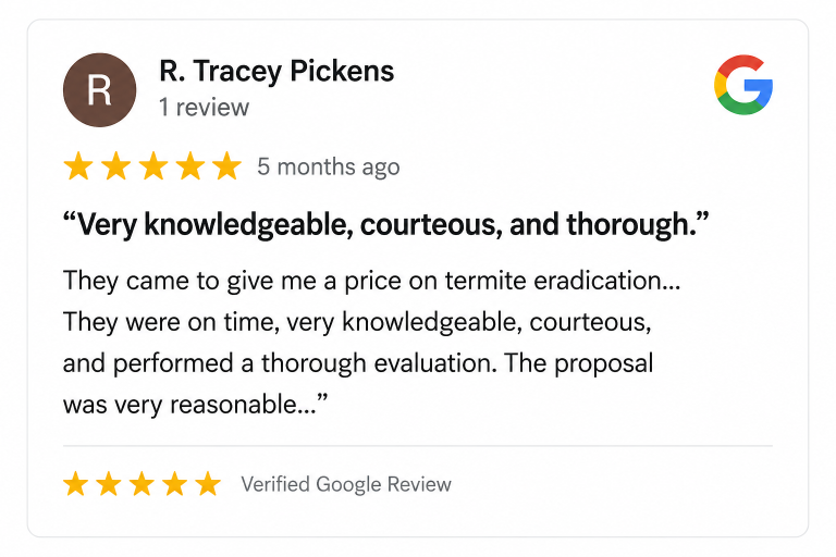 R. Tracey Pickens Google Review | Hilbun Pest Control Google review highlighting professional termite inspection and service