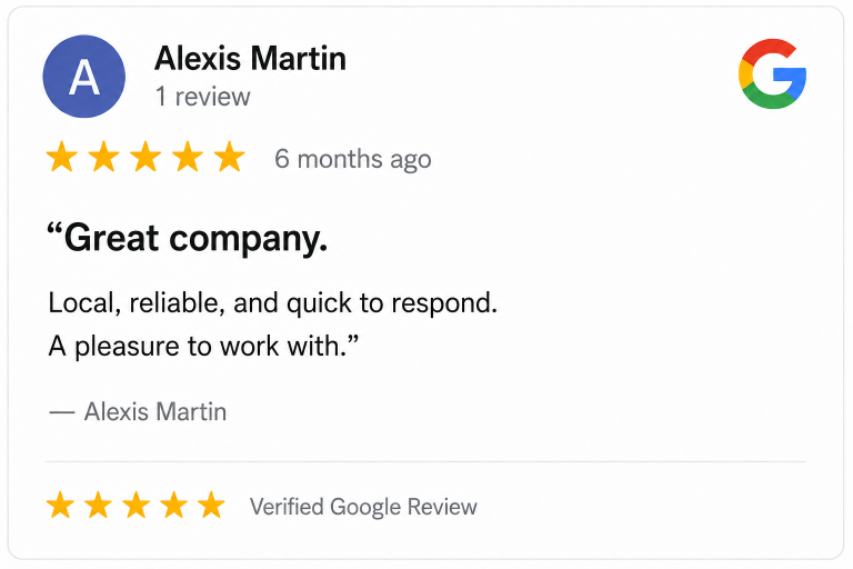 Alexis Martin Google Review Five-star Google review praising Hilbun Pest Control as local, reliable, responsive, and a pleasure to work with.