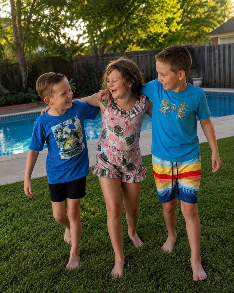 Family Enjoying a Mosquito-Free Backyard in Bay Minette, Alabama | Hilbun Pest Control Three children playing by a backyard pool in Bay Minette, Alabama after mosquito treatment from Hilbun Pest Control.