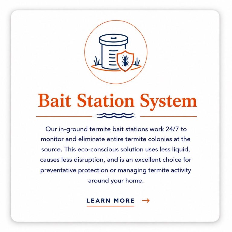 Termite Bait Station Systems | Hilbun Pest Control Professional termite bait station card from Hilbun Pest Control featuring year-round monitoring and termite protection.