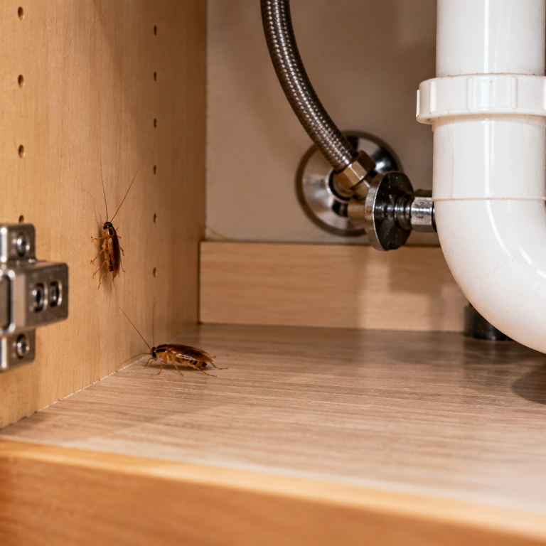 German cockroaches hiding near plumbing pipes inside a kitchen sink cabinet, illustrating common hiding areas