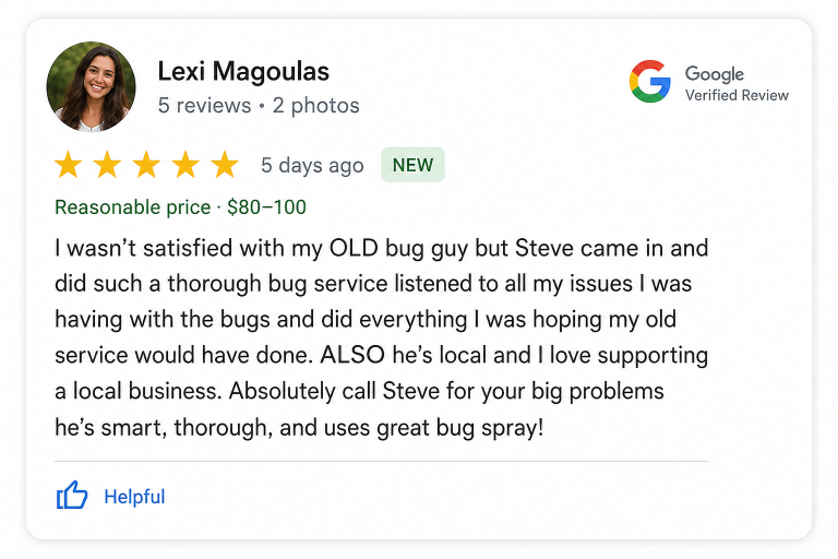 Five-Star Customer Review | Hilbun Pest Control Fairhope, Alabama Five-star customer review highlighting Hilbun Pest Control's thorough service, personalized recommendations, and trusted local pest control
