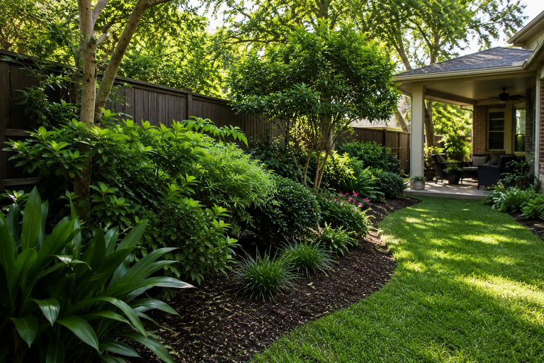 Common Mosquito Harborage Areas in Baton Rouge, Louisiana Shaded landscaping, dense shrubs, and a covered patio where mosquitoes may rest around a Baton Rouge home.