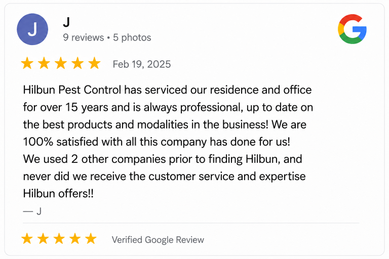 Long-Term Hilbun Pest Control Customer Review Five-star Google review from a customer who has trusted Hilbun Pest Control for home and office service for over 15 years.