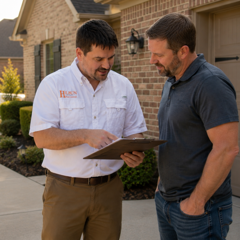Hilbun Pest Control technician reviewing termite inspection findings with a homeowner in Fairhope, Alabama.