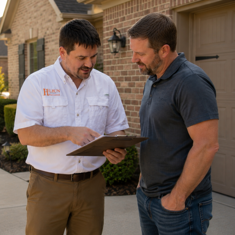 Rodent Inspection Results in Baton Rouge, Louisiana Hilbun Pest Control technician reviewing rodent inspection findings with a homeowner outside a Baton Rouge home.