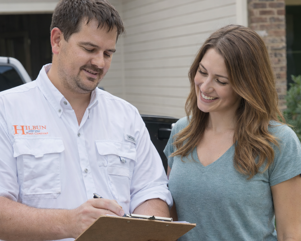 Discussing a Customized Pest Control Plan with a Fairhope Homeowner Hilbun Pest Control technician reviewing inspection findings and discussing customized pest control with a homeowner in Fairhope, AL