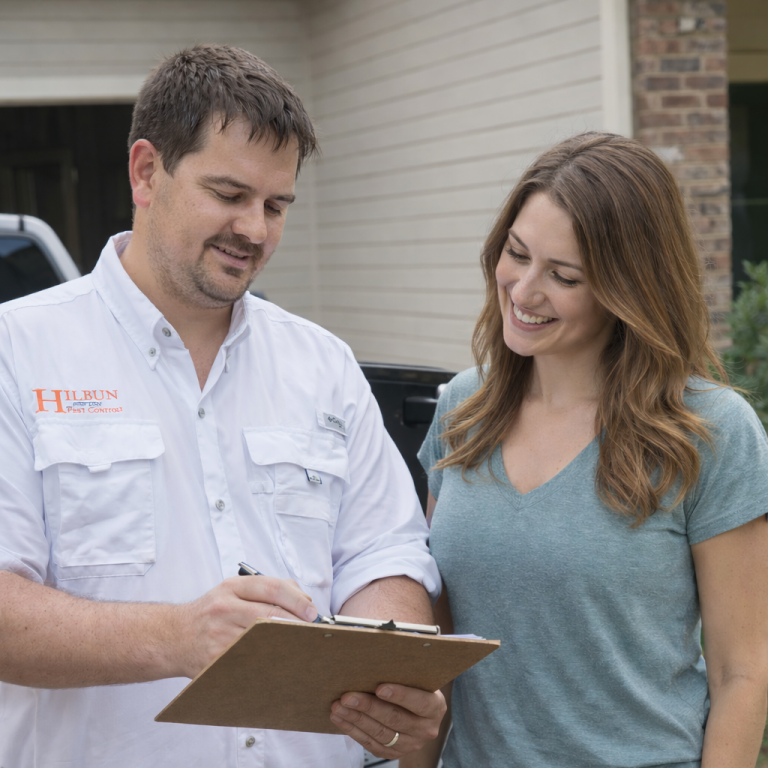 Hilbun Pest Control technician reviewing a termite inspection report with a homeowner outside their home.