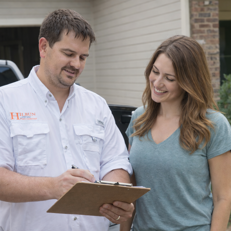 Customized Mosquito Control Plans in Fairhope, Alabama | Hilbun Pest Control Hilbun Pest Control technician discussing customized mosquito treatment recommendations with a Fairhope homeowner.