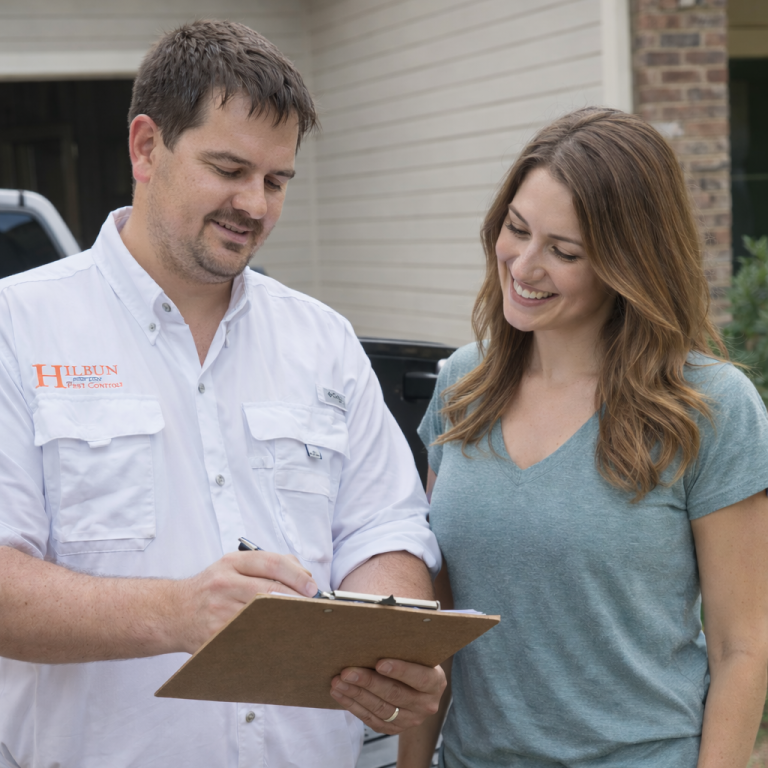 Hilbun Pest Control Discussing Service Recommendations with a Homeowner in Bay Minette, AL Hilbun Pest Control technician reviewing pest control recommendations with a homeowner in a residential driveway in Bay Minette, AL.