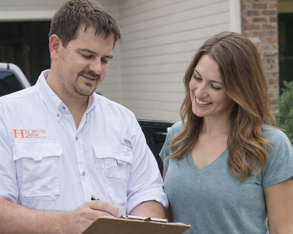 Owner of Hilbun Pest Control discussing pest control service with homeowner in Baton Rouge and South Alabama