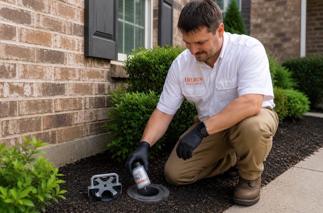 Trelona Termite Bait Station Installation in Bay Minette, AL Hilbun Pest Control technician opening a Trelona termite bait station during a termite treatment in Bay Minette, AL.