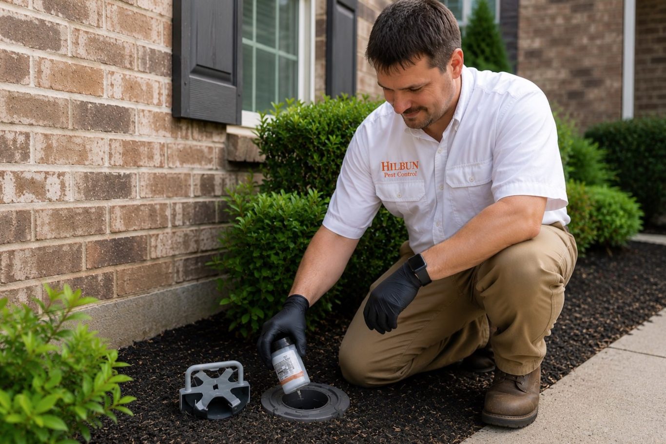 Termite Bait Station Service in Daphne, Alabama | Hilbun Pest Control Hilbun Pest Control technician inspecting an in-ground Trelona termite bait station outside a home in Daphne, Alabama.