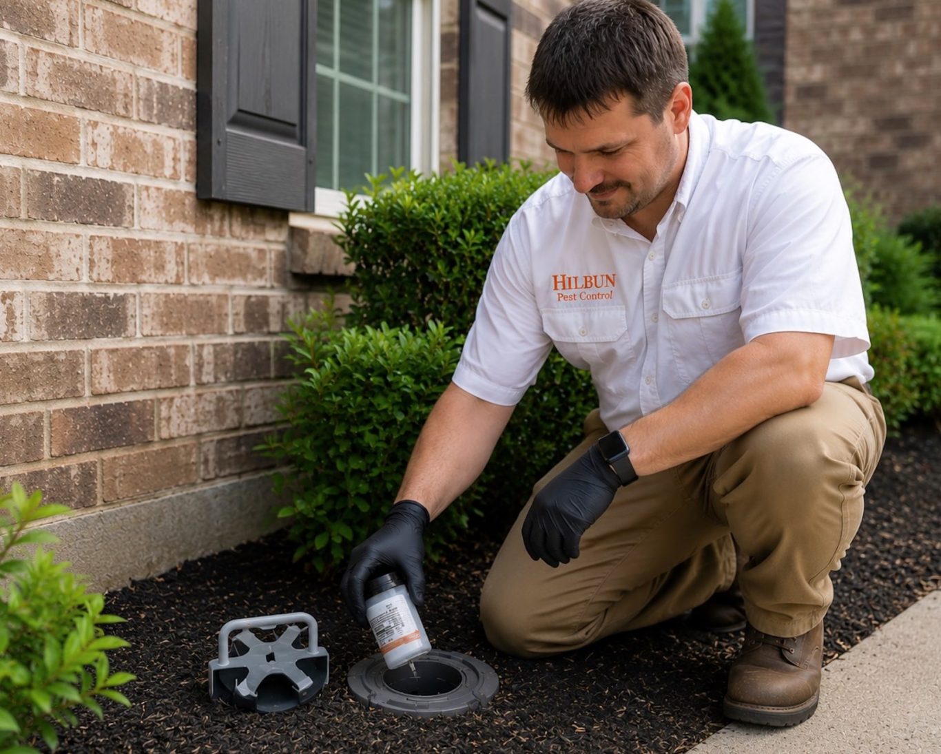 Professional Termite Treatment in Daphne, AL Hilbun Pest Control technician installing a Trelona termite bait station during a termite treatment in Daphne, Alabama.